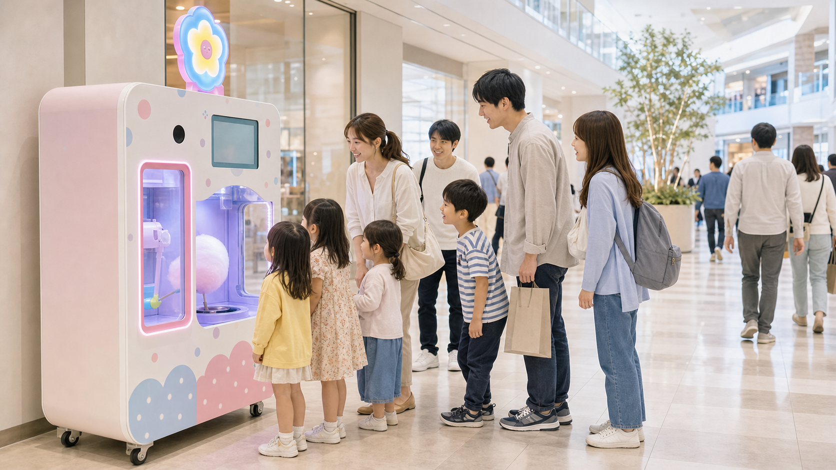 人がわたあめ自販機の前で立ち止まる様子